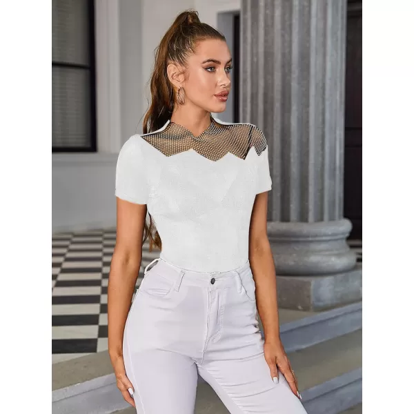 WDIRARA Women's Mesh Rhinestone Mock Neck Short Sleeve Tee Top Slim T Shirt