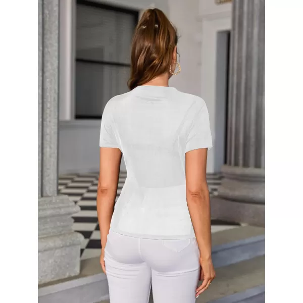 WDIRARA Women's Mesh Rhinestone Mock Neck Short Sleeve Tee Top Slim T Shirt