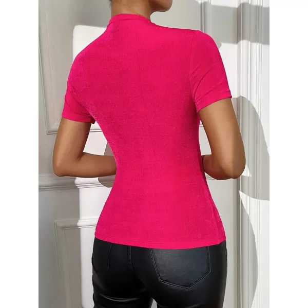 WDIRARA Women's Mesh Rhinestone Mock Neck Short Sleeve Tee Top Slim T Shirt