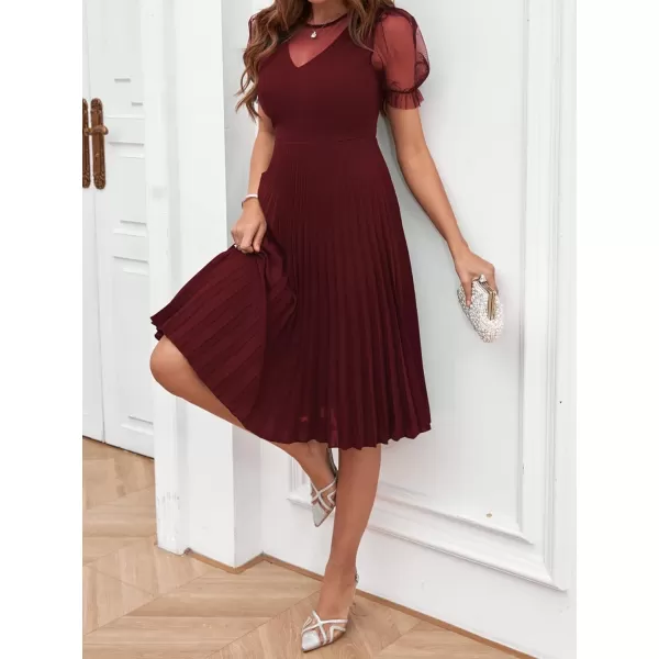 WDIRARA Women's Mesh Sheer Puff Sleeve High Rise Elegant Solid Pleated Midi Dress