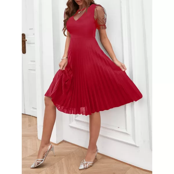 WDIRARA Women's Mesh Sheer Puff Sleeve High Rise Elegant Solid Pleated Midi Dress