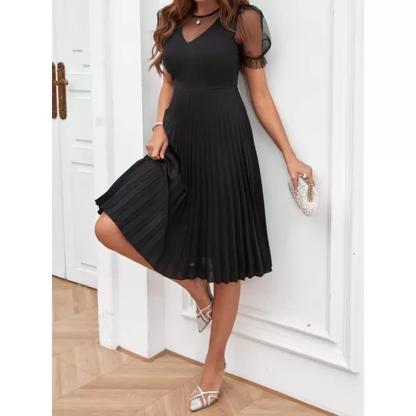WDIRARA Women's Mesh Sheer Puff Sleeve High Rise Elegant Solid Pleated Midi Dress