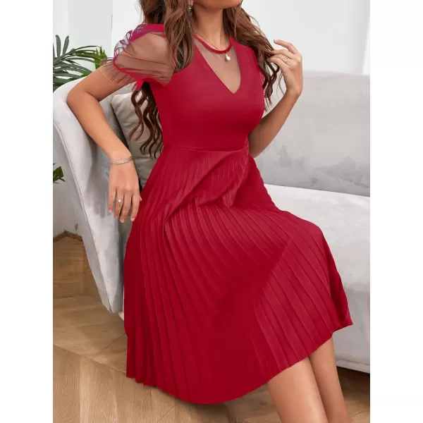 WDIRARA Women's Mesh Sheer Puff Sleeve High Rise Elegant Solid Pleated Midi Dress
