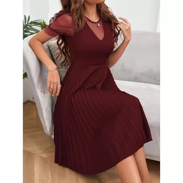 WDIRARA Women's Mesh Sheer Puff Sleeve High Rise Elegant Solid Pleated Midi Dress