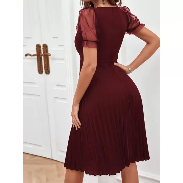 WDIRARA Women's Mesh Sheer Puff Sleeve High Rise Elegant Solid Pleated Midi Dress