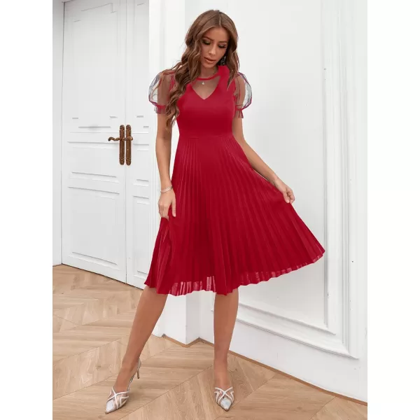 WDIRARA Women's Mesh Sheer Puff Sleeve High Rise Elegant Solid Pleated Midi Dress