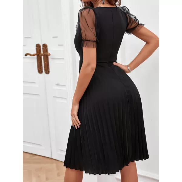 WDIRARA Women's Mesh Sheer Puff Sleeve High Rise Elegant Solid Pleated Midi Dress