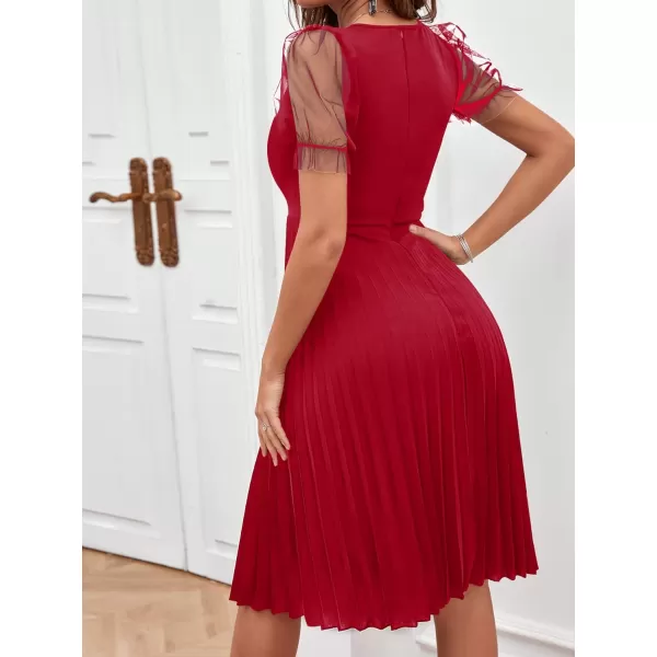 WDIRARA Women's Mesh Sheer Puff Sleeve High Rise Elegant Solid Pleated Midi Dress