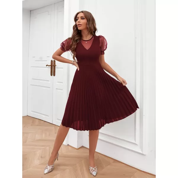 WDIRARA Women's Mesh Sheer Puff Sleeve High Rise Elegant Solid Pleated Midi Dress