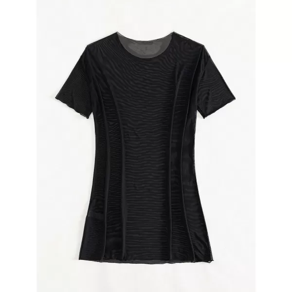 WDIRARA Women's Mesh Sheer Short Sleeve Cover Up Dress Round Neck See Through Swimwear