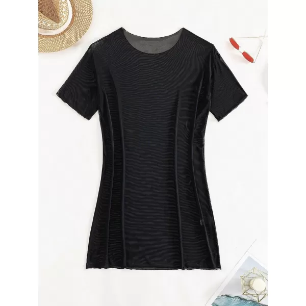 WDIRARA Women's Mesh Sheer Short Sleeve Cover Up Dress Round Neck See Through Swimwear