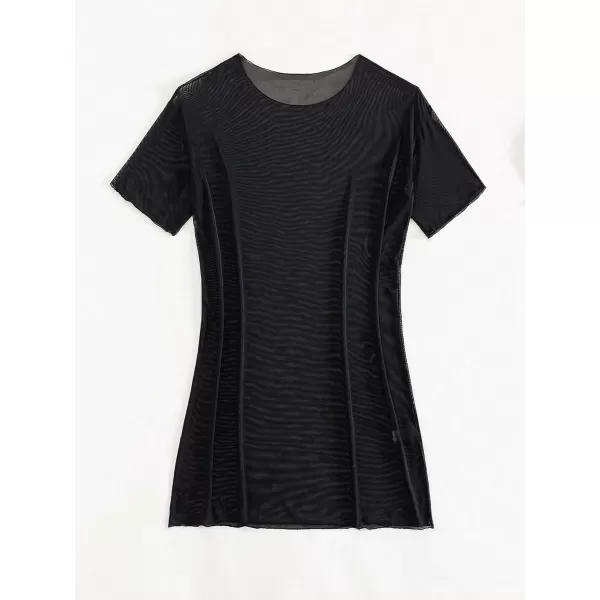 WDIRARA Women's Mesh Sheer Short Sleeve Cover Up Dress Round Neck See Through Swimwear