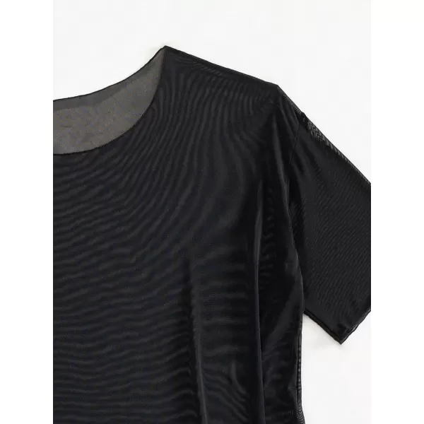 WDIRARA Women's Mesh Sheer Short Sleeve Cover Up Dress Round Neck See Through Swimwear