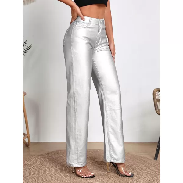 WDIRARA Women's Metallic High Waist Button Pocket Front Denim Trousers Loose Fit Straight Leg Jeans