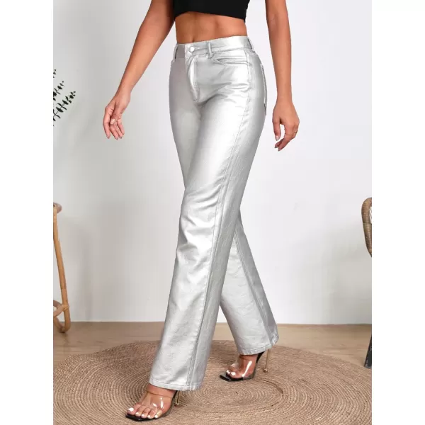 WDIRARA Women's Metallic High Waist Button Pocket Front Denim Trousers Loose Fit Straight Leg Jeans