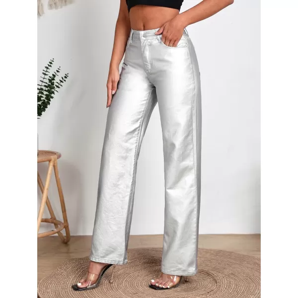WDIRARA Women's Metallic High Waist Button Pocket Front Denim Trousers Loose Fit Straight Leg Jeans