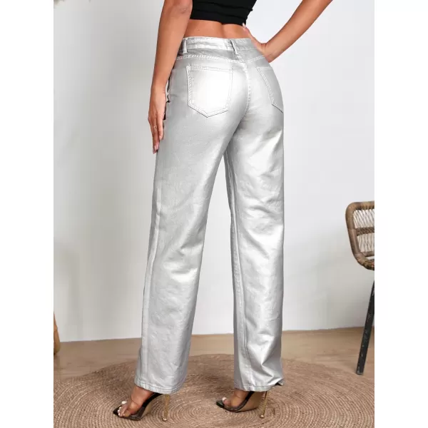 WDIRARA Women's Metallic High Waist Button Pocket Front Denim Trousers Loose Fit Straight Leg Jeans