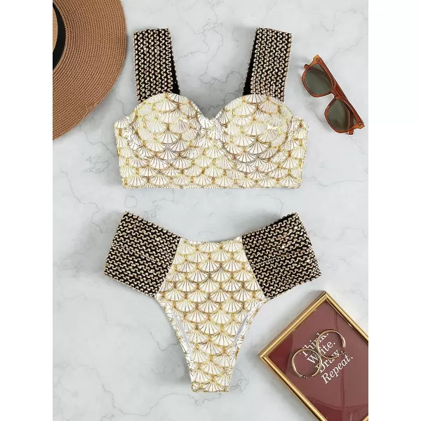 WDIRARA Women's Metallic Print Wide Strap Cheeky Bottom Push Up 2 Piece Set Bikini Swimsuit