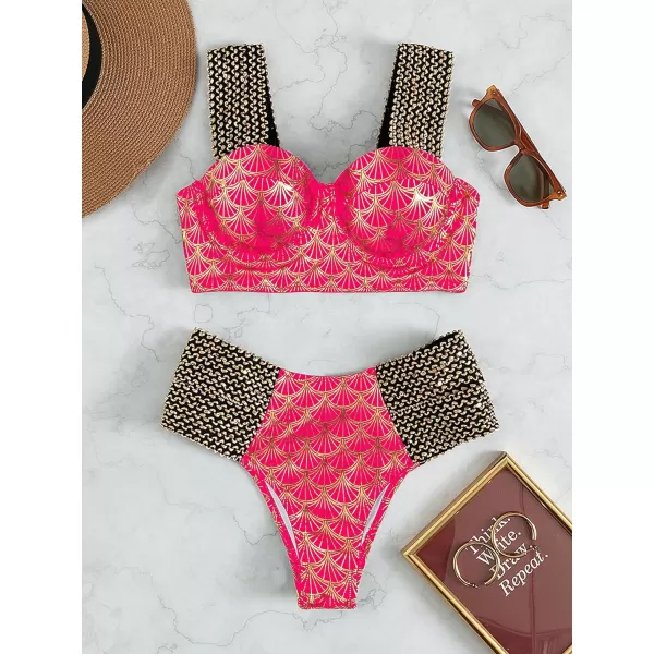 WDIRARA Women's Metallic Print Wide Strap Cheeky Bottom Push Up 2 Piece Set Bikini Swimsuit