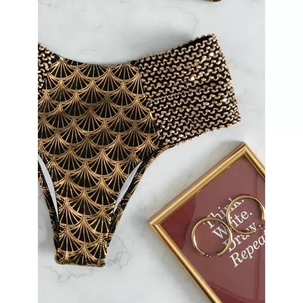 WDIRARA Women's Metallic Print Wide Strap Cheeky Bottom Push Up 2 Piece Set Bikini Swimsuit