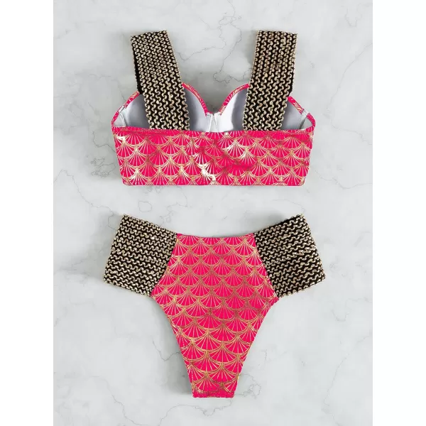 WDIRARA Women's Metallic Print Wide Strap Cheeky Bottom Push Up 2 Piece Set Bikini Swimsuit