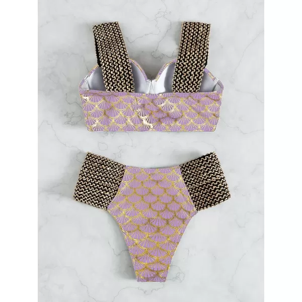 WDIRARA Women's Metallic Print Wide Strap Cheeky Bottom Push Up 2 Piece Set Bikini Swimsuit