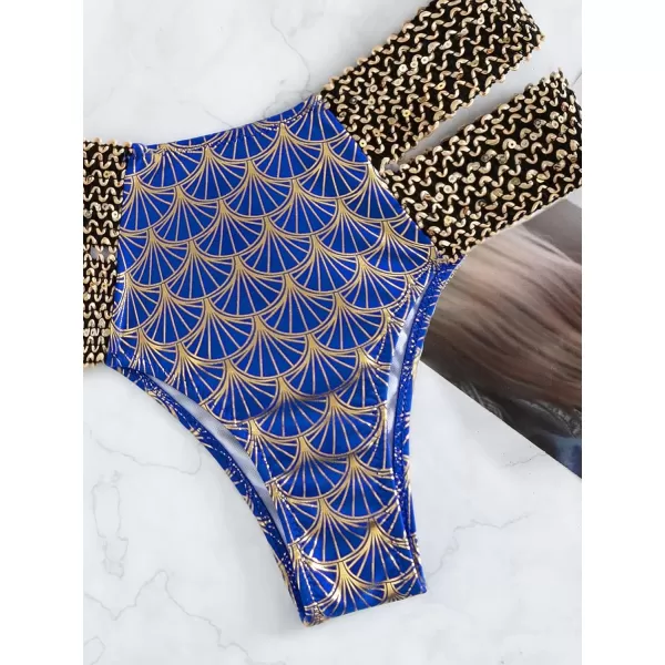 WDIRARA Women's Metallic Print Wide Strap Cheeky Bottom Push Up 2 Piece Set Bikini Swimsuit