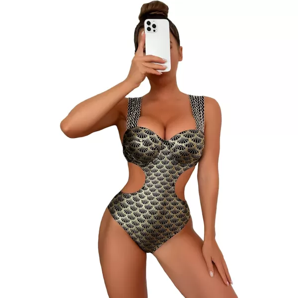 WDIRARA Women's Metallic Print Wide Strap Cheeky Bottom Push Up 2 Piece Set Bikini Swimsuit