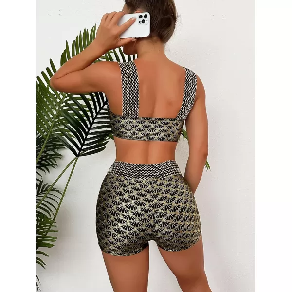 WDIRARA Women's Metallic Print Wide Strap Cheeky Bottom Push Up 2 Piece Set Bikini Swimsuit