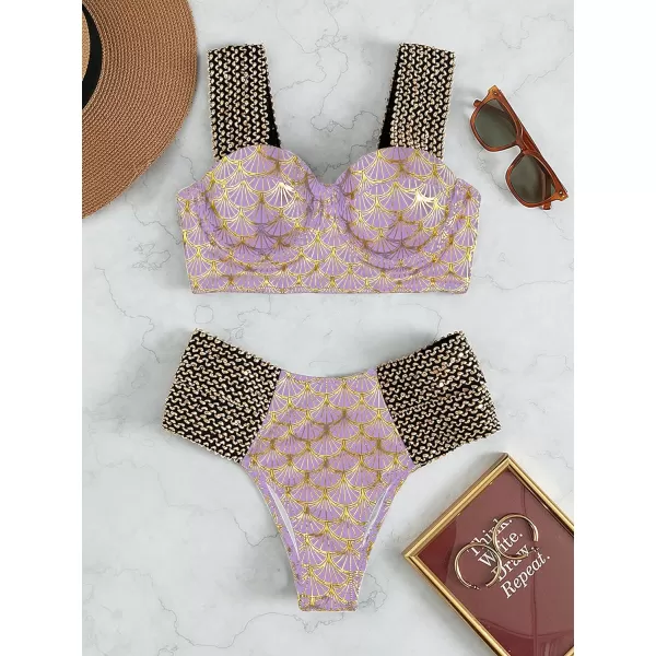 WDIRARA Women's Metallic Print Wide Strap Cheeky Bottom Push Up 2 Piece Set Bikini Swimsuit