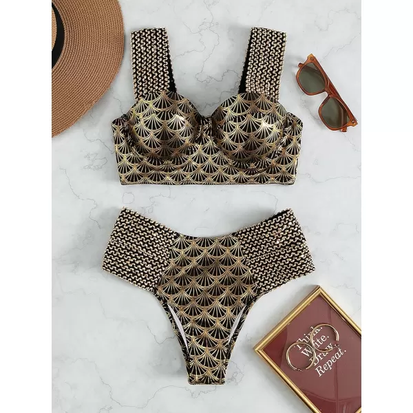 WDIRARA Women's Metallic Print Wide Strap Cheeky Bottom Push Up 2 Piece Set Bikini Swimsuit