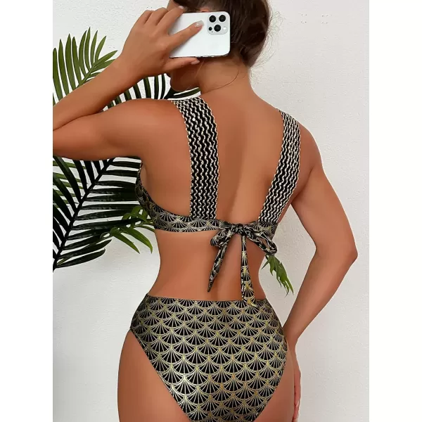 WDIRARA Women's Metallic Print Wide Strap Cheeky Bottom Push Up 2 Piece Set Bikini Swimsuit