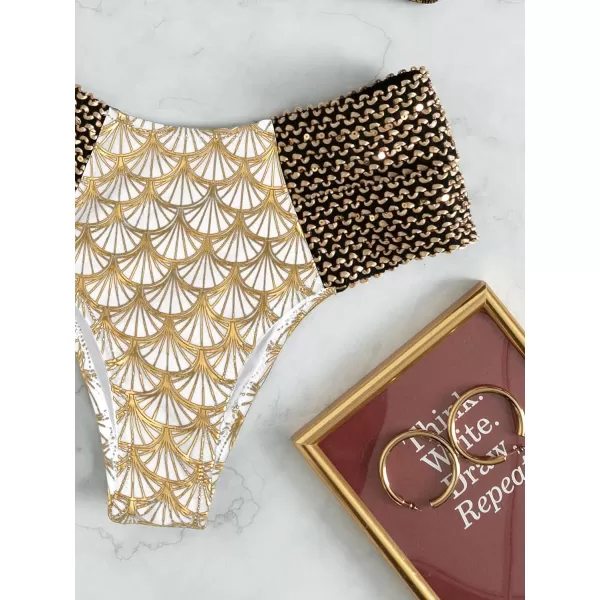 WDIRARA Women's Metallic Print Wide Strap Cheeky Bottom Push Up 2 Piece Set Bikini Swimsuit