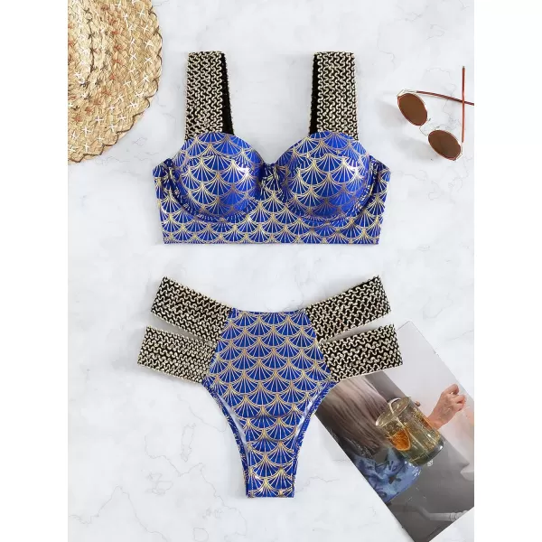 WDIRARA Women's Metallic Print Wide Strap Cheeky Bottom Push Up 2 Piece Set Bikini Swimsuit