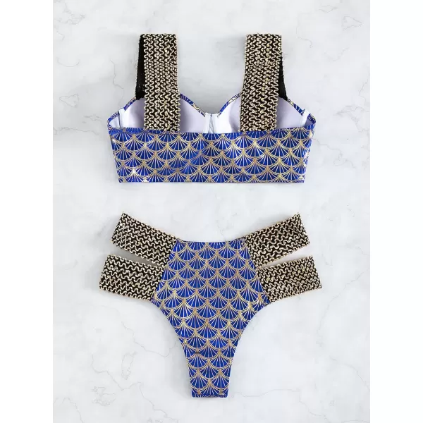 WDIRARA Women's Metallic Print Wide Strap Cheeky Bottom Push Up 2 Piece Set Bikini Swimsuit