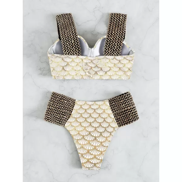 WDIRARA Women's Metallic Print Wide Strap Cheeky Bottom Push Up 2 Piece Set Bikini Swimsuit