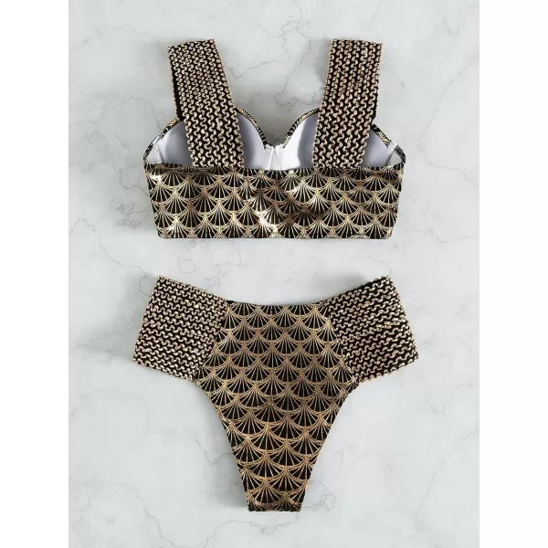 WDIRARA Women's Metallic Print Wide Strap Cheeky Bottom Push Up 2 Piece Set Bikini Swimsuit