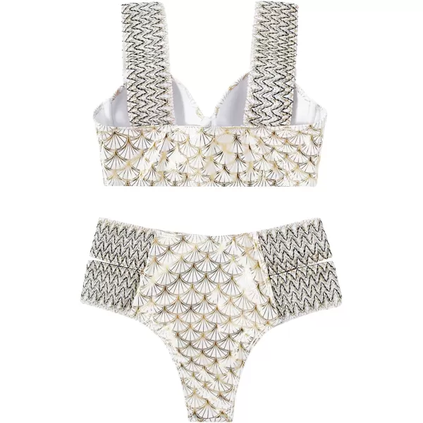 WDIRARA Women's Metallic Print Wide Strap Cheeky Bottom Push Up 2 Piece Set Bikini Swimsuit