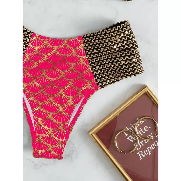 WDIRARA Women's Metallic Print Wide Strap Cheeky Bottom Push Up 2 Piece Set Bikini Swimsuit