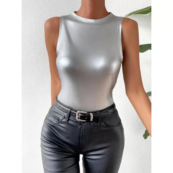 WDIRARA Women's Metallic Pu Bodysuit Tank Top Round Neck Sleeveless Casual Slim Fit Bodysuit Tops
