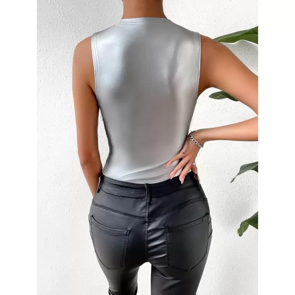 WDIRARA Women's Metallic Pu Bodysuit Tank Top Round Neck Sleeveless Casual Slim Fit Bodysuit Tops