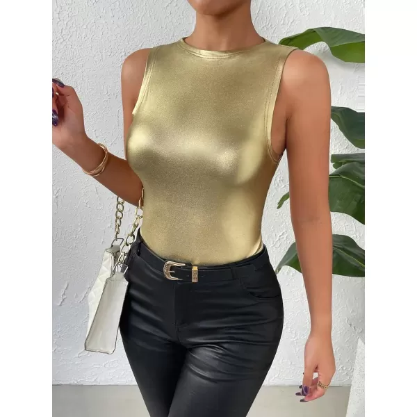 WDIRARA Women's Metallic Pu Bodysuit Tank Top Round Neck Sleeveless Casual Slim Fit Bodysuit Tops