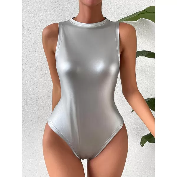 WDIRARA Women's Metallic Pu Bodysuit Tank Top Round Neck Sleeveless Casual Slim Fit Bodysuit Tops