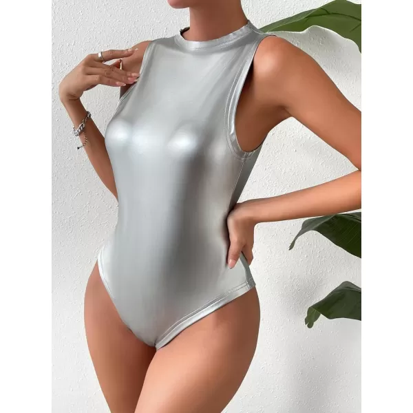 WDIRARA Women's Metallic Pu Bodysuit Tank Top Round Neck Sleeveless Casual Slim Fit Bodysuit Tops
