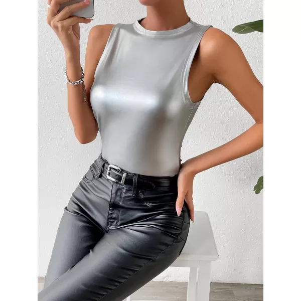 WDIRARA Women's Metallic Pu Bodysuit Tank Top Round Neck Sleeveless Casual Slim Fit Bodysuit Tops