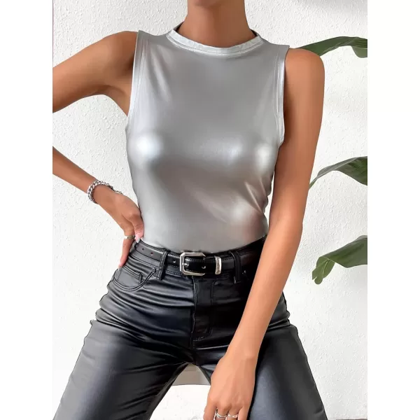 WDIRARA Women's Metallic Pu Bodysuit Tank Top Round Neck Sleeveless Casual Slim Fit Bodysuit Tops