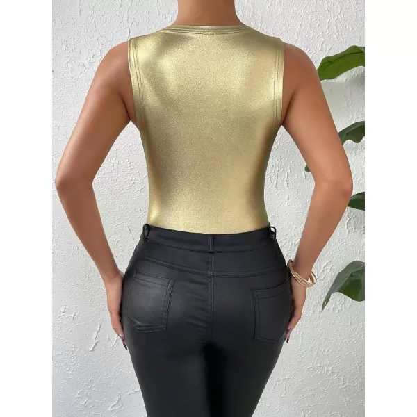 WDIRARA Women's Metallic Pu Bodysuit Tank Top Round Neck Sleeveless Casual Slim Fit Bodysuit Tops