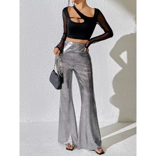 WDIRARA Women's Metallic Sequins Split Hem Elastic High Waisted Party Flare Leg Pants