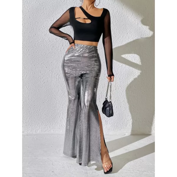 WDIRARA Women's Metallic Sequins Split Hem Elastic High Waisted Party Flare Leg Pants