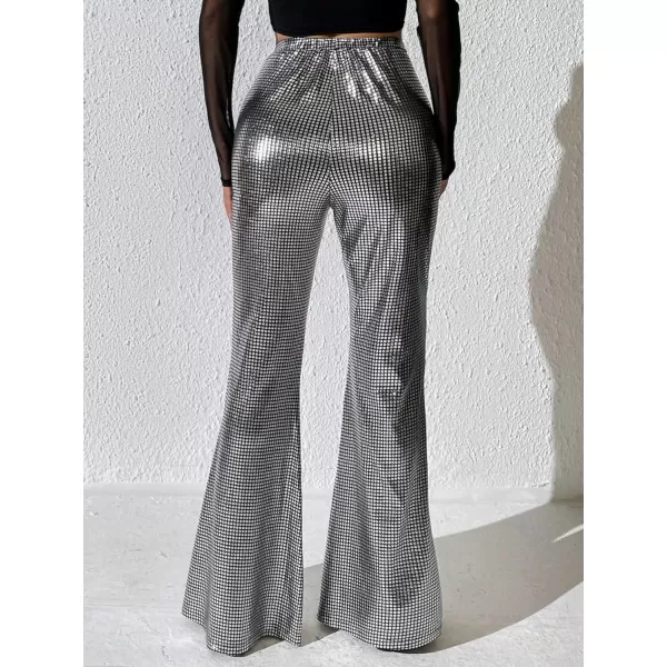 WDIRARA Women's Metallic Sequins Split Hem Elastic High Waisted Party Flare Leg Pants